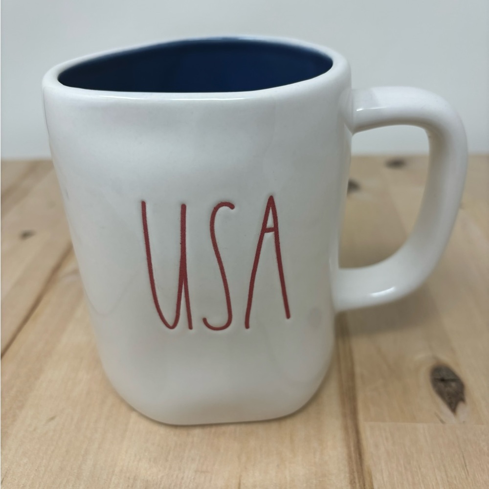 Rae Dunn USA Mug White Blue Interior Ceramic with Red Lettering Patriotic New
